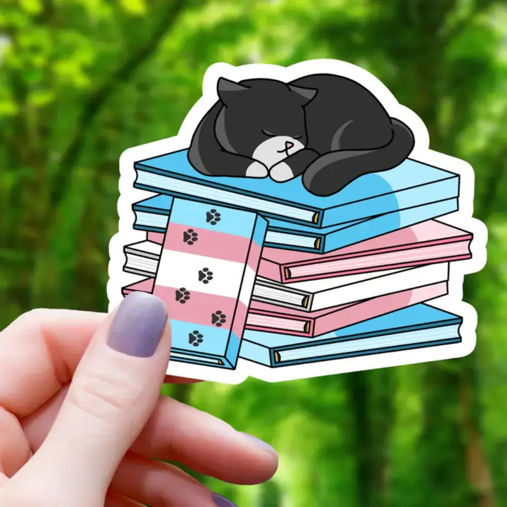 Cat Sleeping on Pride Books Sticker - Black Cat Transgender Books - Gifts