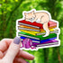 Cat Sleeping on Pride Books Sticker - Orange Cat Rainbow Books - Gifts
