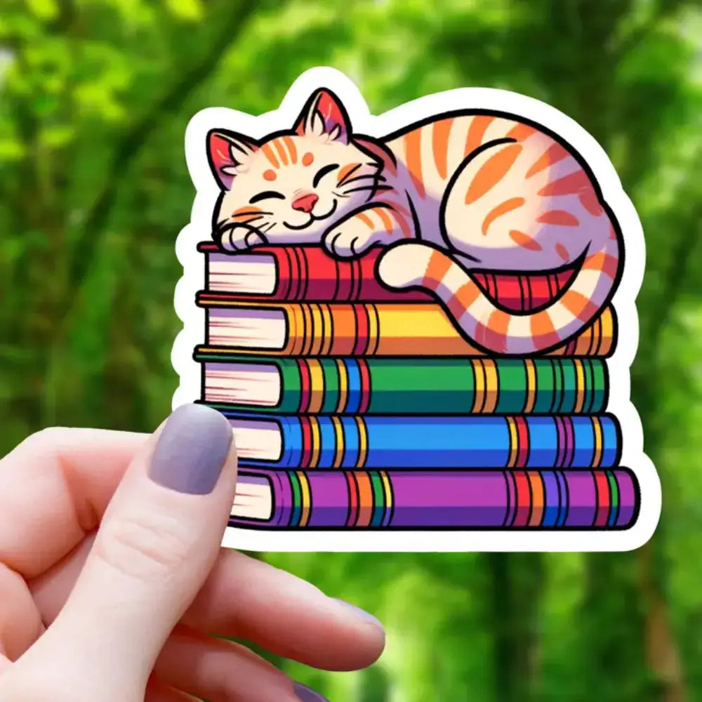 Cat Sleeping on Pride Books Sticker - Orange Tabby Rainbow Books - Gifts