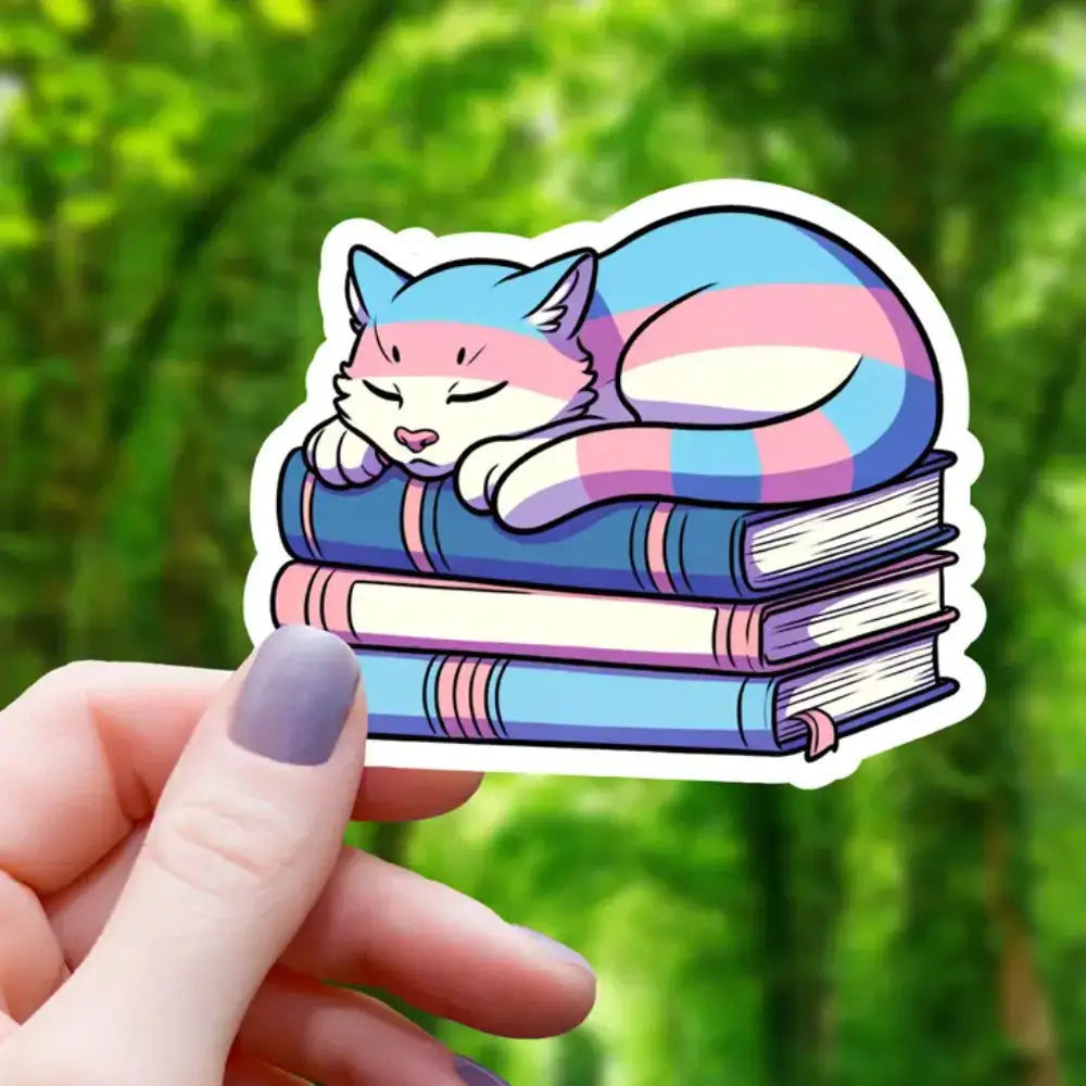 Cat Sleeping on Pride Books Sticker - Transgender Cat Transgender Books - Gifts