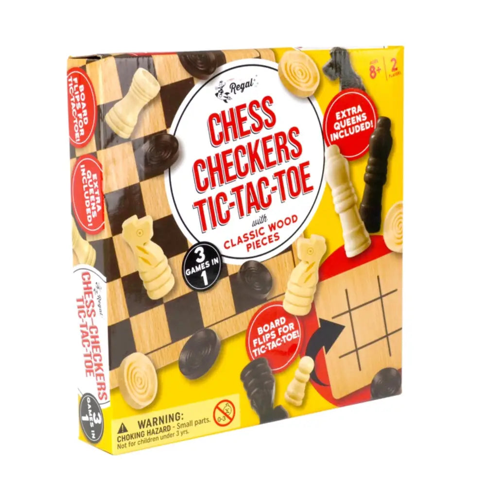 Chess Checkers and Tic - Tac - Toe with Classic Wood Pieces - Board Games