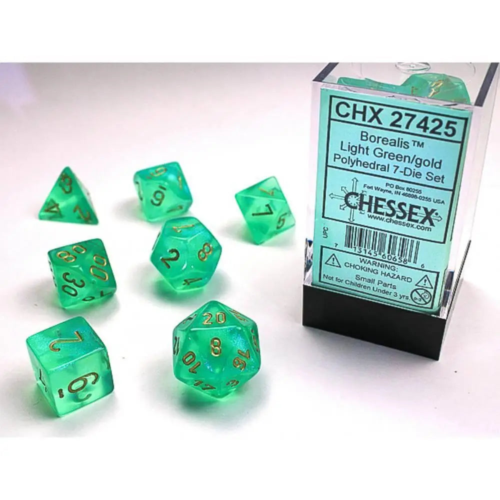 Chessex Borealis Light Green w/Gold Dice & Dice Supplies Chessex Polyhedral (D&D) Dice Set (7) OOP  