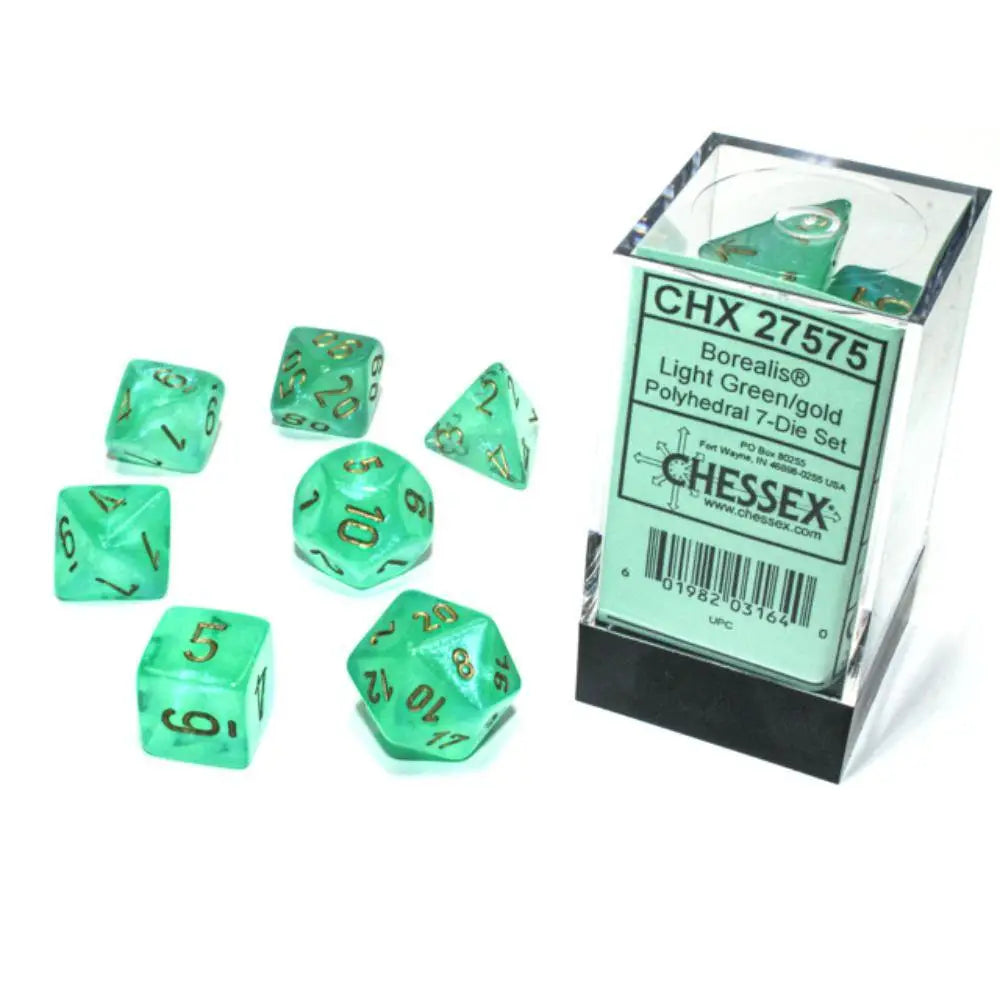 Chessex Borealis Luminary Light Green w/Gold Dice & Dice Supplies Chessex Polyhedral (D&D) Dice Set (7)  