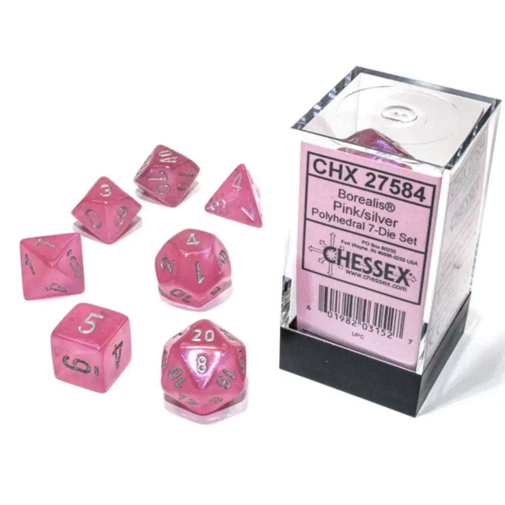 Chessex Borealis Luminary Pink w/Silver Polyhedral (D&D) Dice Set (7) Dice & Dice Supplies Chessex   