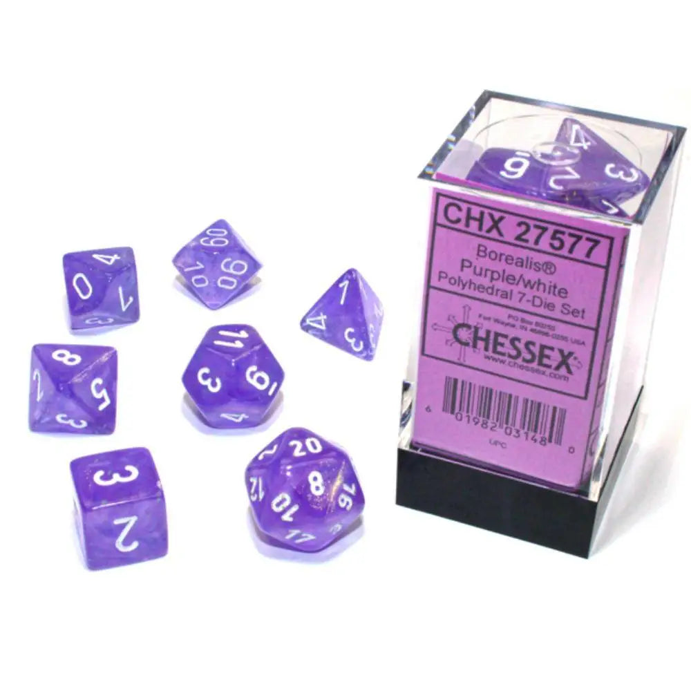 Chessex Borealis Luminary Purple w/White Polyhedral (D&D) Dice Set (7) Dice & Dice Supplies Chessex   