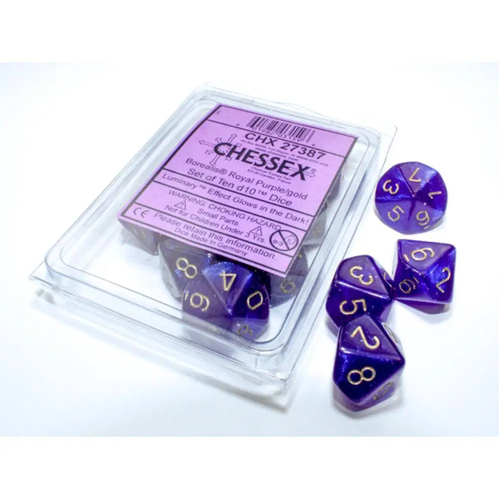Chessex Borealis Luminary Royal Purple w/Gold - d10 Dice Set (10) - Dice & Dice Supplies