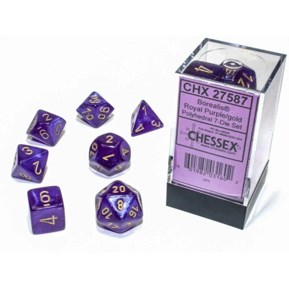 Chessex Borealis Luminary Royal Purple w/Gold Dice & Dice Supplies Chessex Polyhedral (D&D) Dice Set (7)  