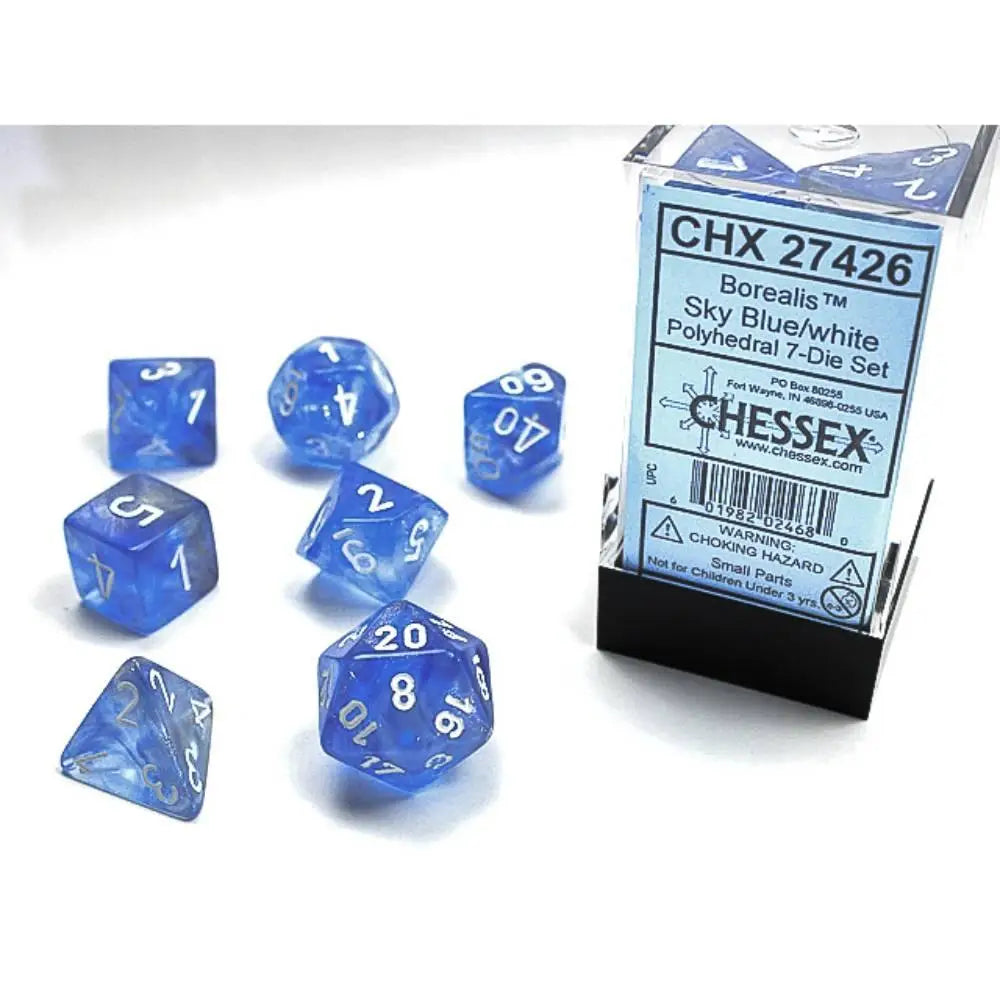 Chessex Borealis Sky Blue w/White Dice & Dice Supplies Chessex Polyhedral (D&D) Dice Set (7) OOP  