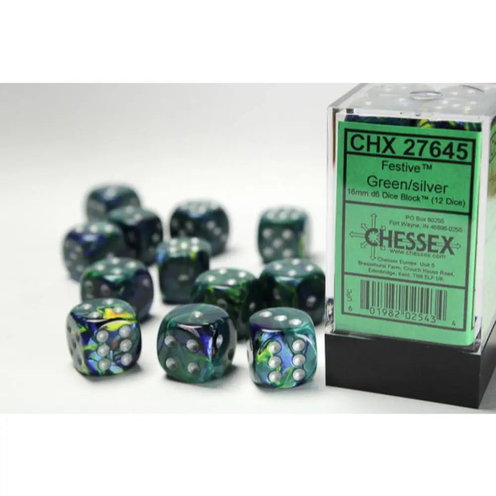 Chessex Festive Green w/Silver - 16mm d6 Dice Block (12) OOP - Dice & Dice Supplies
