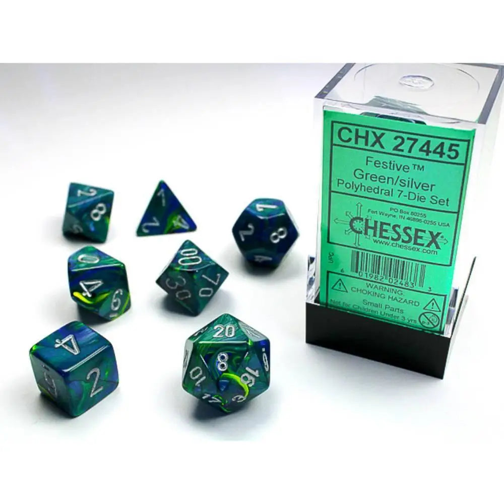 Chessex Festive Green w/Silver - Polyhedral (D&D) Dice Set (7) OOP - Dice & Dice Supplies
