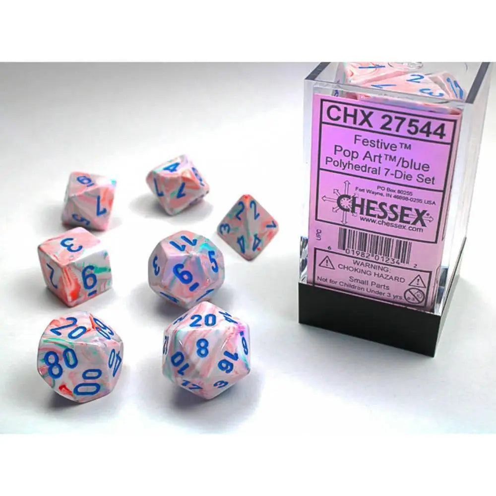 Chessex Festive Pop Art/Blue Polyhedral (D&D) Dice Set (7) Dice & Dice Supplies Chessex   