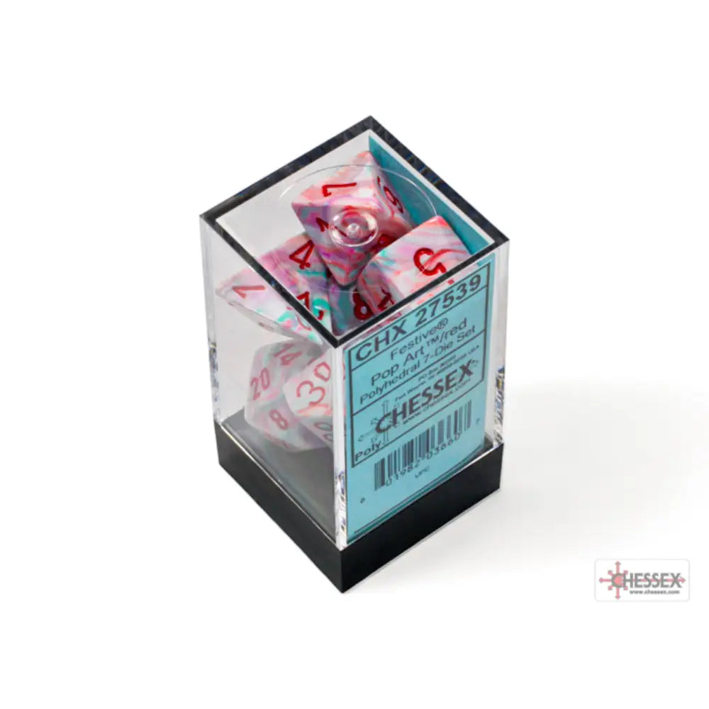 Chessex Festive Pop Art/Red Polyhedral (D&D) Dice Set (7) - Dice & Dice Supplies