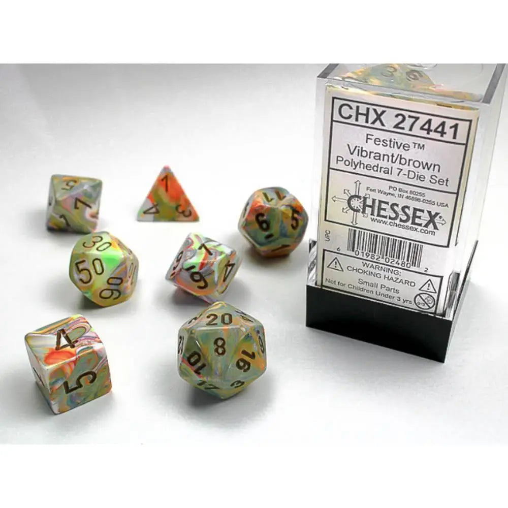 Chessex Festive Vibrant w/Brown Dice & Dice Supplies Chessex Polyhedral (D&D) Dice Set (7)  