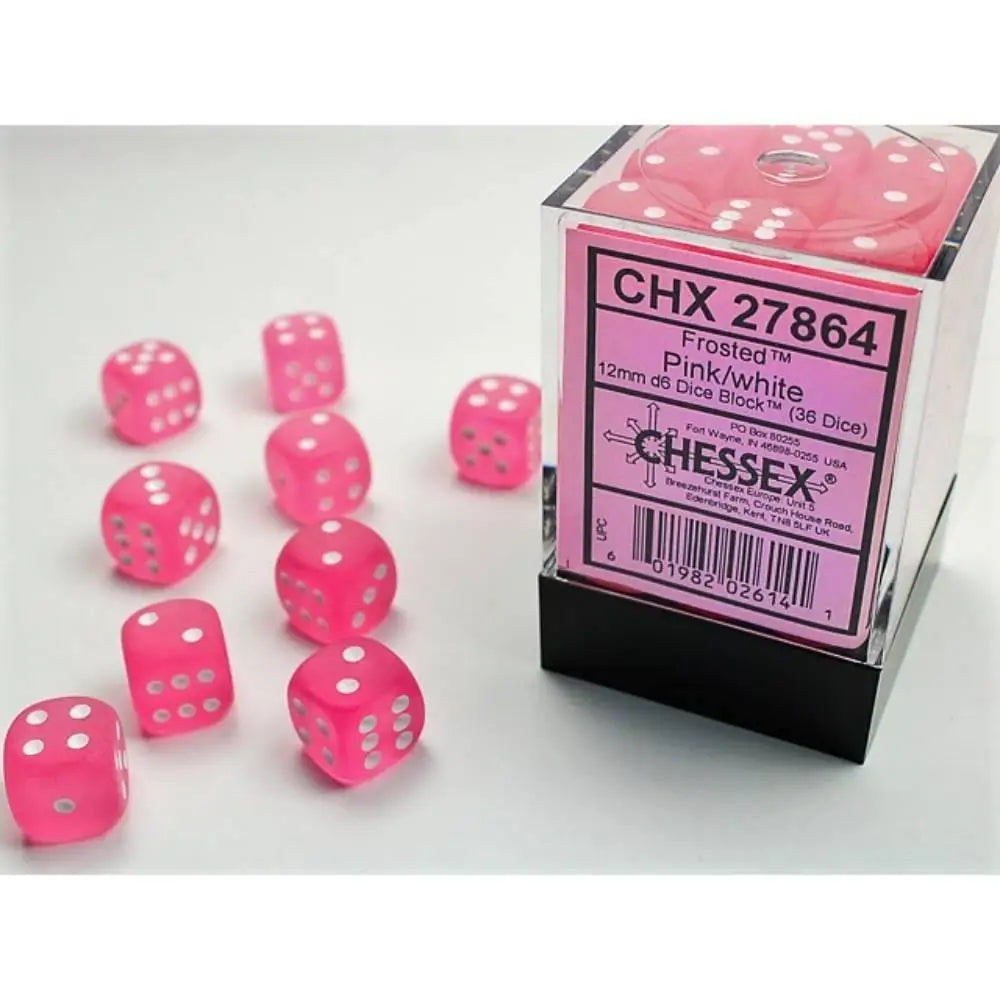 Chessex Frosted Pink w/White - 12mm d6 Dice Block (36) OOP - Dice & Dice Supplies