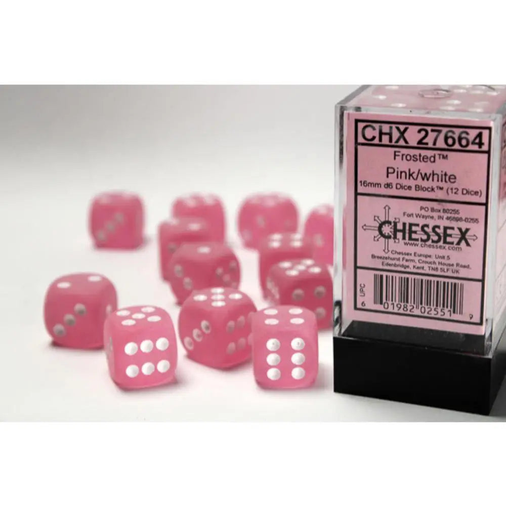Chessex Frosted Pink w/White - 16mm d6 Dice Block (12) OOP - Dice & Dice Supplies
