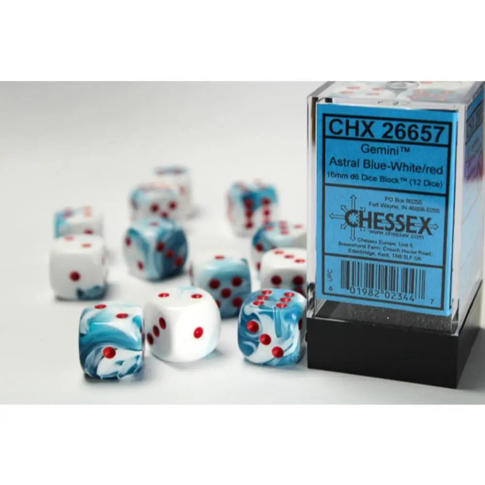 Chessex Gemini Astral Blue-White w/Red - 16mm d6 Dice Block (12) - Dice & Dice Supplies