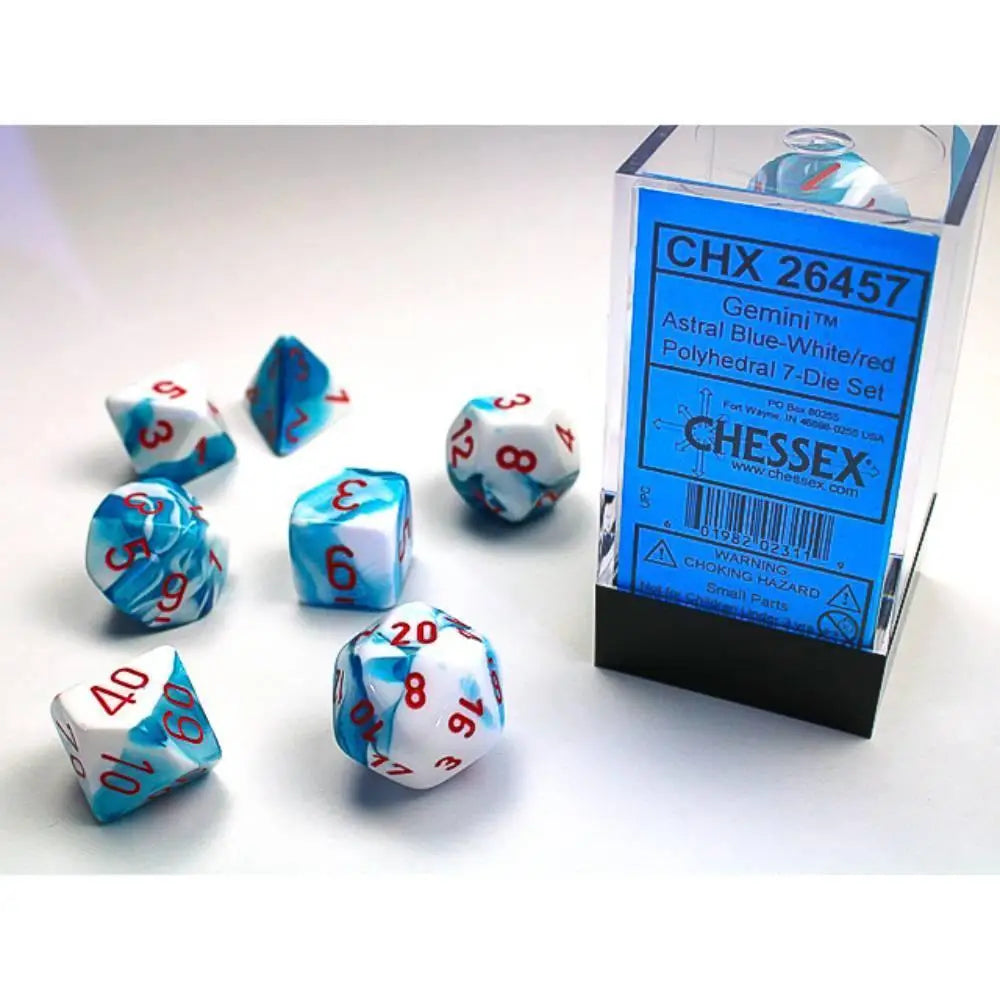 Chessex Gemini Astral Blue-White w/Red - Polyhedral (D&D) Dice Set (7) - Dice & Dice Supplies