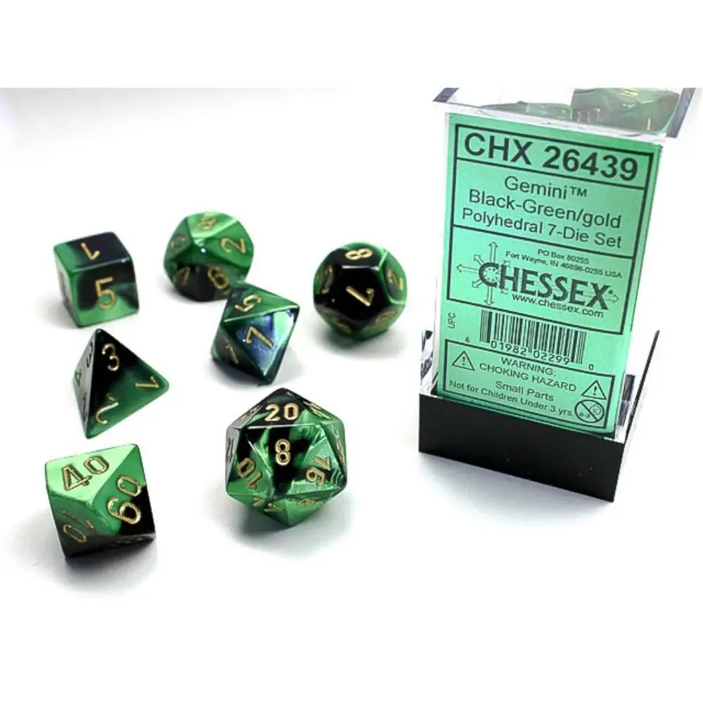 Chessex Gemini Black-Green w/Gold Dice & Dice Supplies Chessex Polyhedral (D&D) Dice Set (7)  
