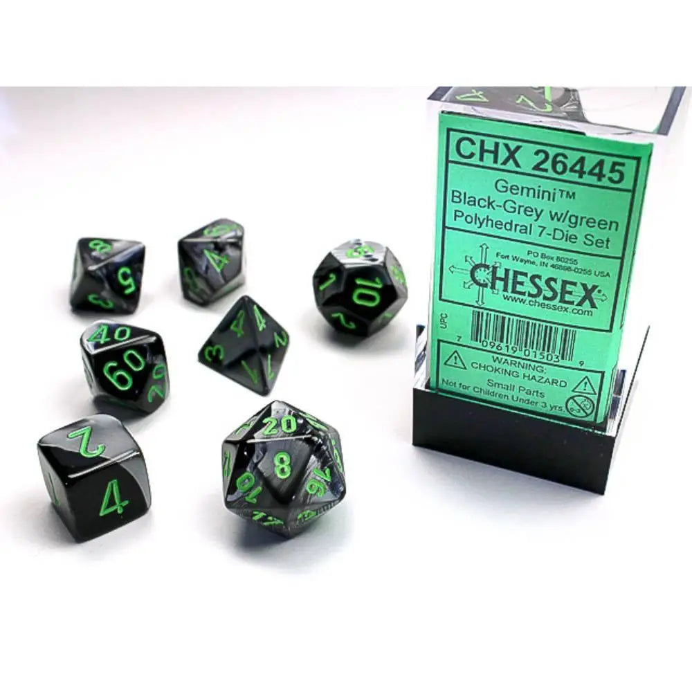 Chessex Gemini Black-Grey w/Green Dice & Dice Supplies Chessex Polyhedral (D&D) Dice Set (7)  