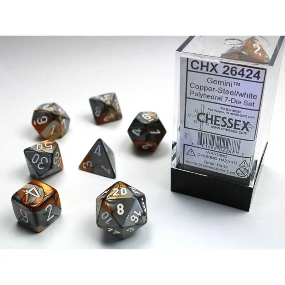 Chessex Gemini Copper-Steel w/White Dice & Dice Supplies Chessex Polyhedral (D&D) Dice Set (7)  
