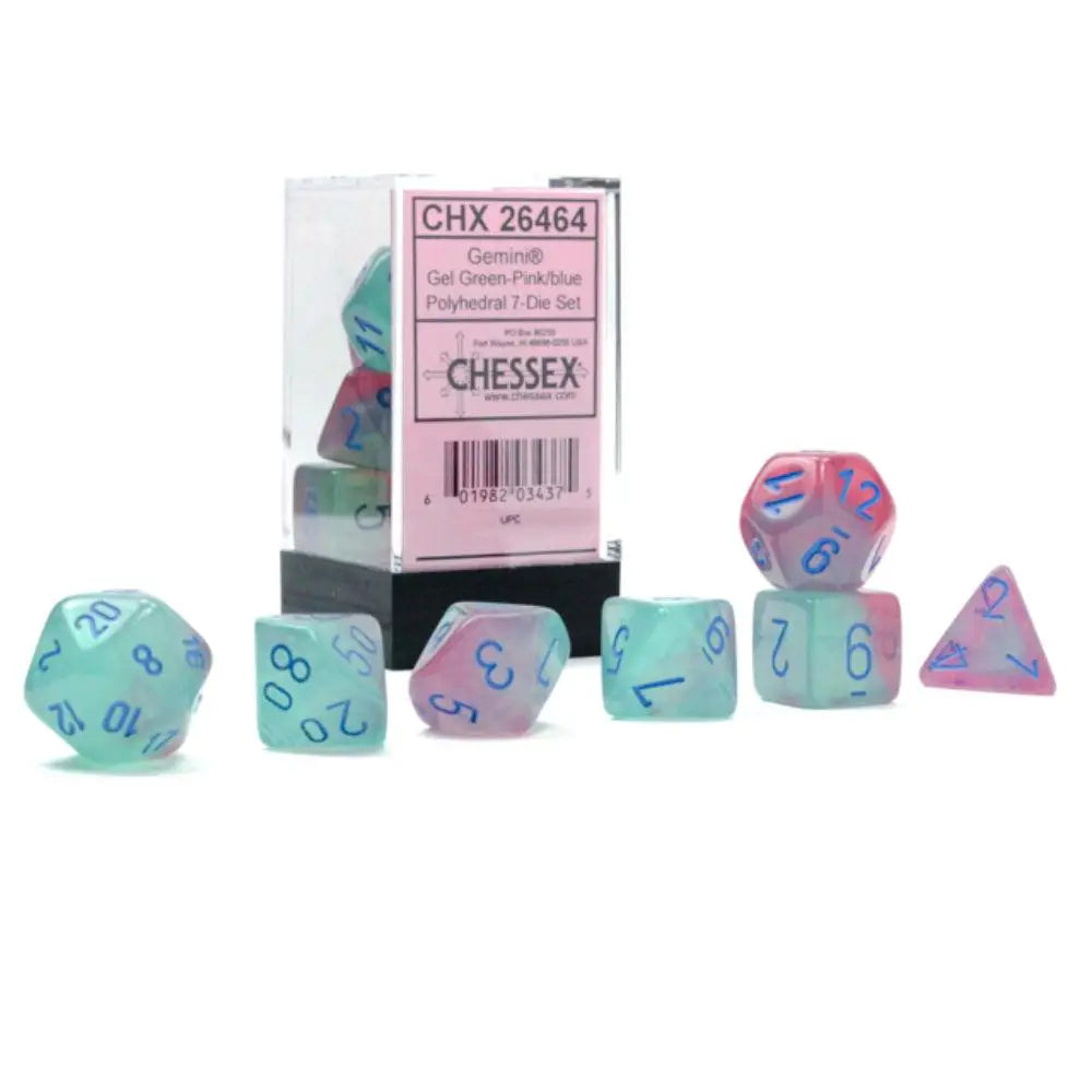 Chessex Gemini Gel Luminary Green-Pink w/Blue Polyhedral (D&D) Dice Set (7) Dice & Dice Supplies Chessex   