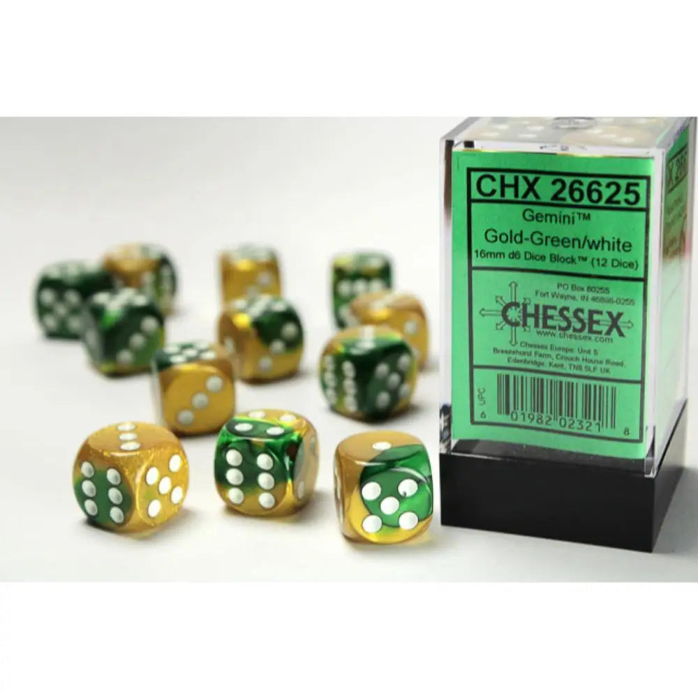 Chessex Gemini Gold-Green w/White - 16mm d6 Dice Block (12) OOP - Dice & Dice Supplies