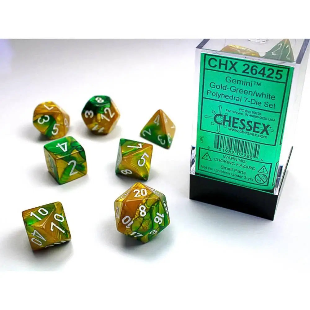 Chessex Gemini Gold-Green w/White Dice & Dice Supplies Chessex Polyhedral (D&D) Dice Set (7)  
