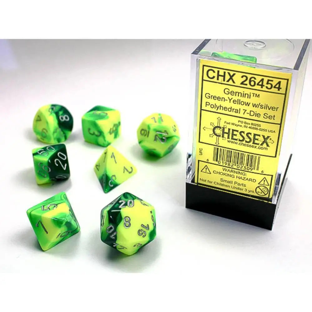 Chessex Gemini Green-Yellow w/Silver Dice & Dice Supplies Chessex Polyhedral (D&D) Dice Set (7)  