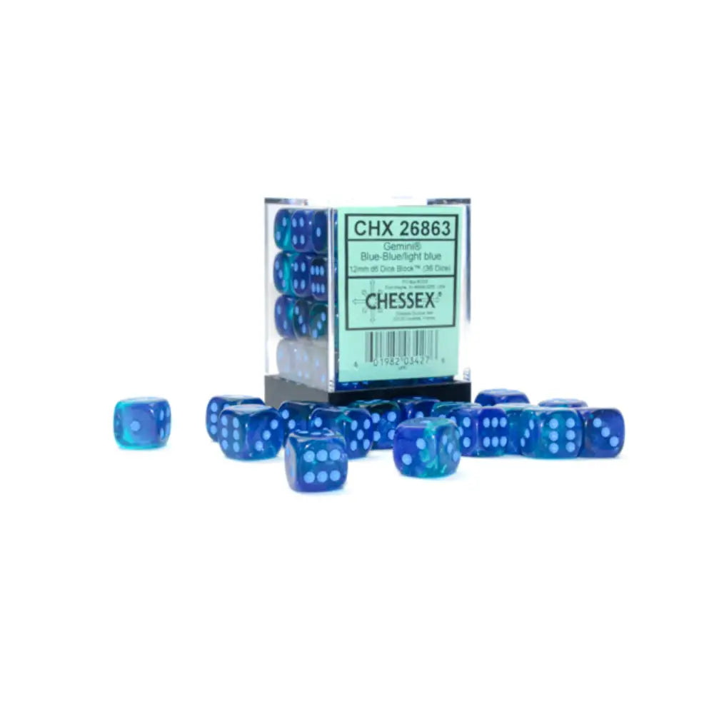Chessex Gemini Luminary Blue-Blue w/Light Blue - 12mm d6 Dice Block (36) - Dice & Dice Supplies