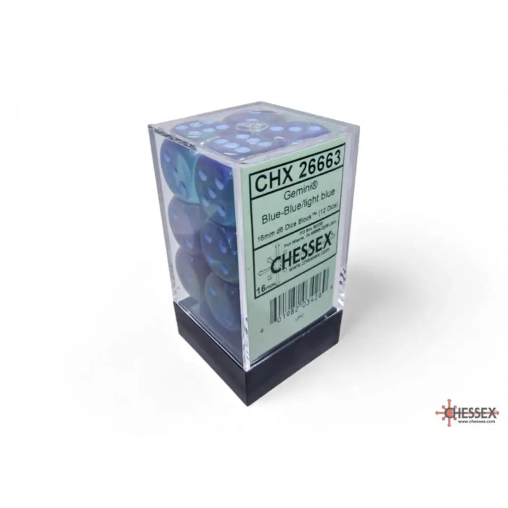 Chessex Gemini Luminary Blue-Blue w/Light Blue - 16mm d6 Dice Block (12) - Dice & Dice Supplies