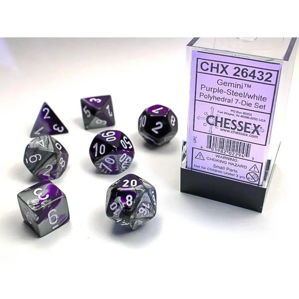 Chessex Gemini Purple-Steel w/White Dice & Dice Supplies Chessex Polyhedral (D&D) Dice Set (7)  