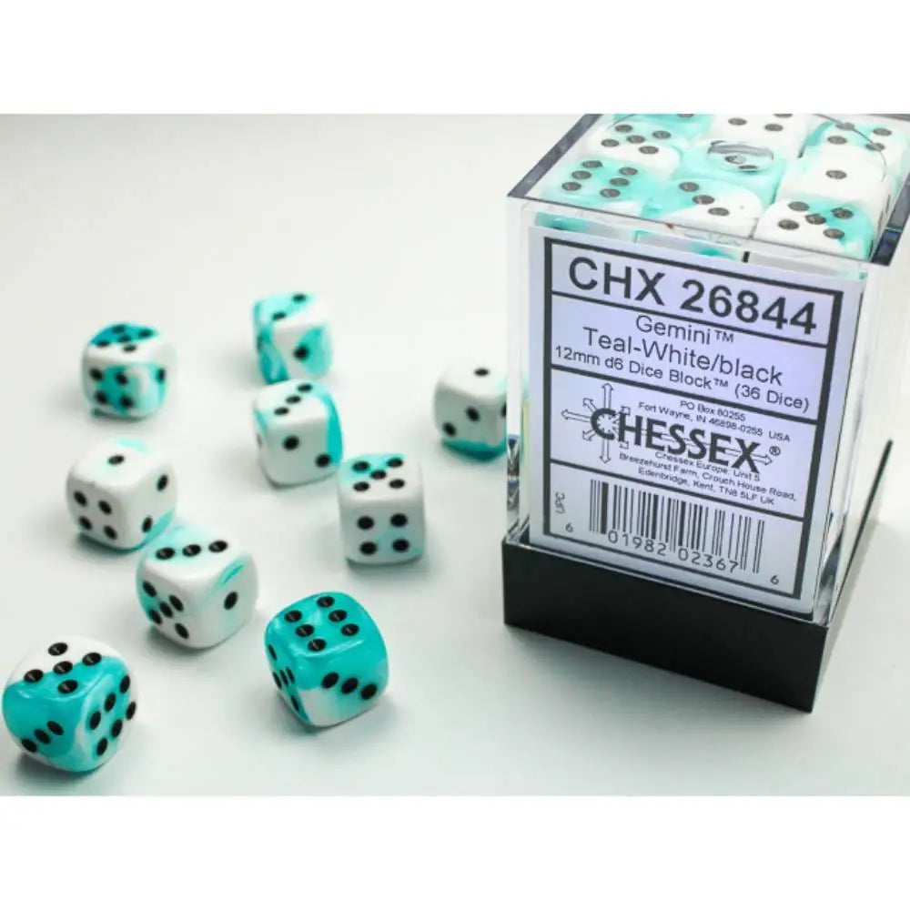 Chessex Gemini Teal-White w/Black Dice & Dice Supplies Chessex 12mm d6 Dice Block (36)  