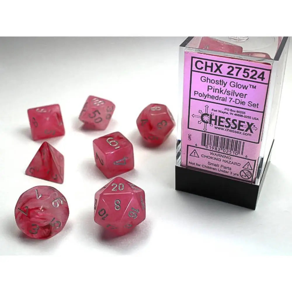 Chessex Ghostly Glow Pink w/Silver Dice & Dice Supplies Chessex Polyhedral (D&D) Dice Set (7)  