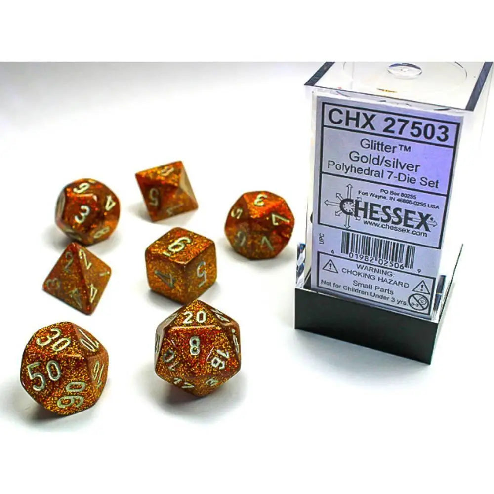 Chessex Glitter Gold w/Silver Dice & Dice Supplies Chessex Polyhedral (D&D) Dice Set (7)  
