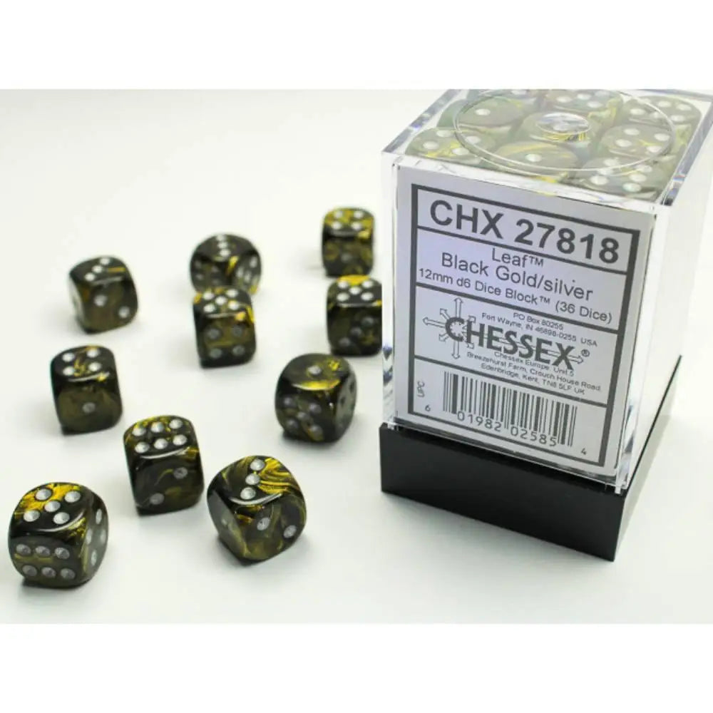 Chessex Leaf Black-Gold w/Silver - 12mm d6 Dice Block (36) OOP - Dice & Dice Supplies