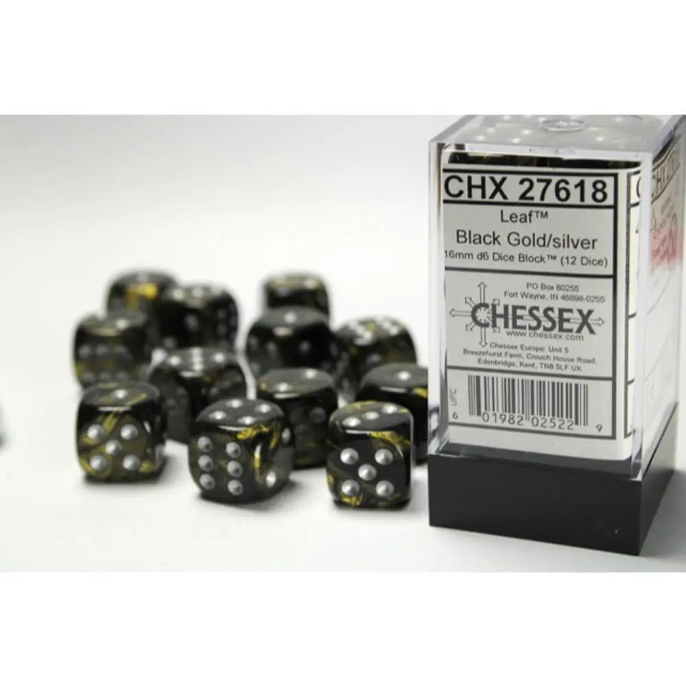 Chessex Leaf Black-Gold w/Silver - 16mm d6 Dice Block (12) OOP - Dice & Dice Supplies