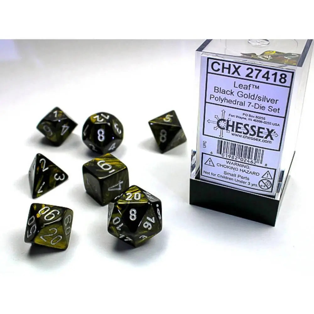 Chessex Leaf Black-Gold w/Silver - Polyhedral (D&D) Dice Set (7) OOP - Dice & Dice Supplies