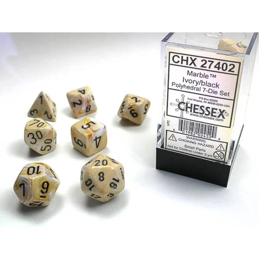 Chessex Marble Ivory w/Black Dice & Dice Supplies Chessex Polyhedral (D&D) Dice Set (7)  