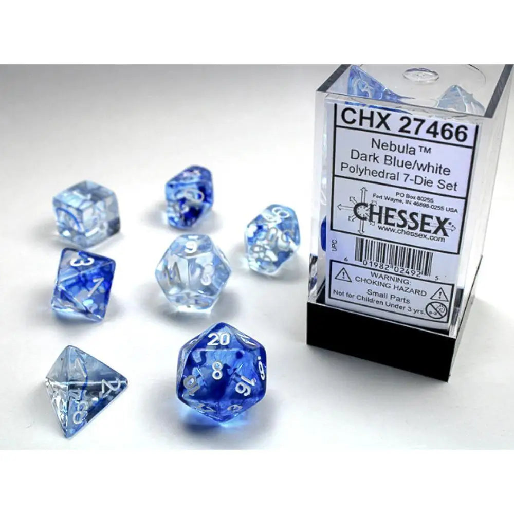 Chessex Nebula Dark Blue w/White Dice & Dice Supplies Chessex Polyhedral (D&D) Dice Set (7)  