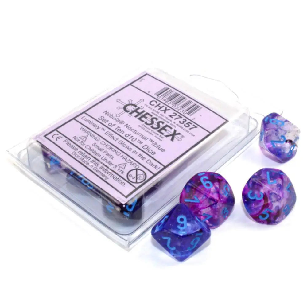 Chessex Nebula Luminary Nocturnal w/Blue Dice & Dice Supplies Chessex d10 Dice Set (10)  