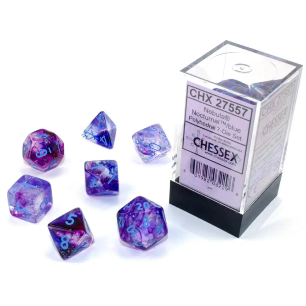 Chessex Nebula Luminary Nocturnal w/Blue Dice & Dice Supplies Chessex Polyhedral (D&D) Dice Set (7)  