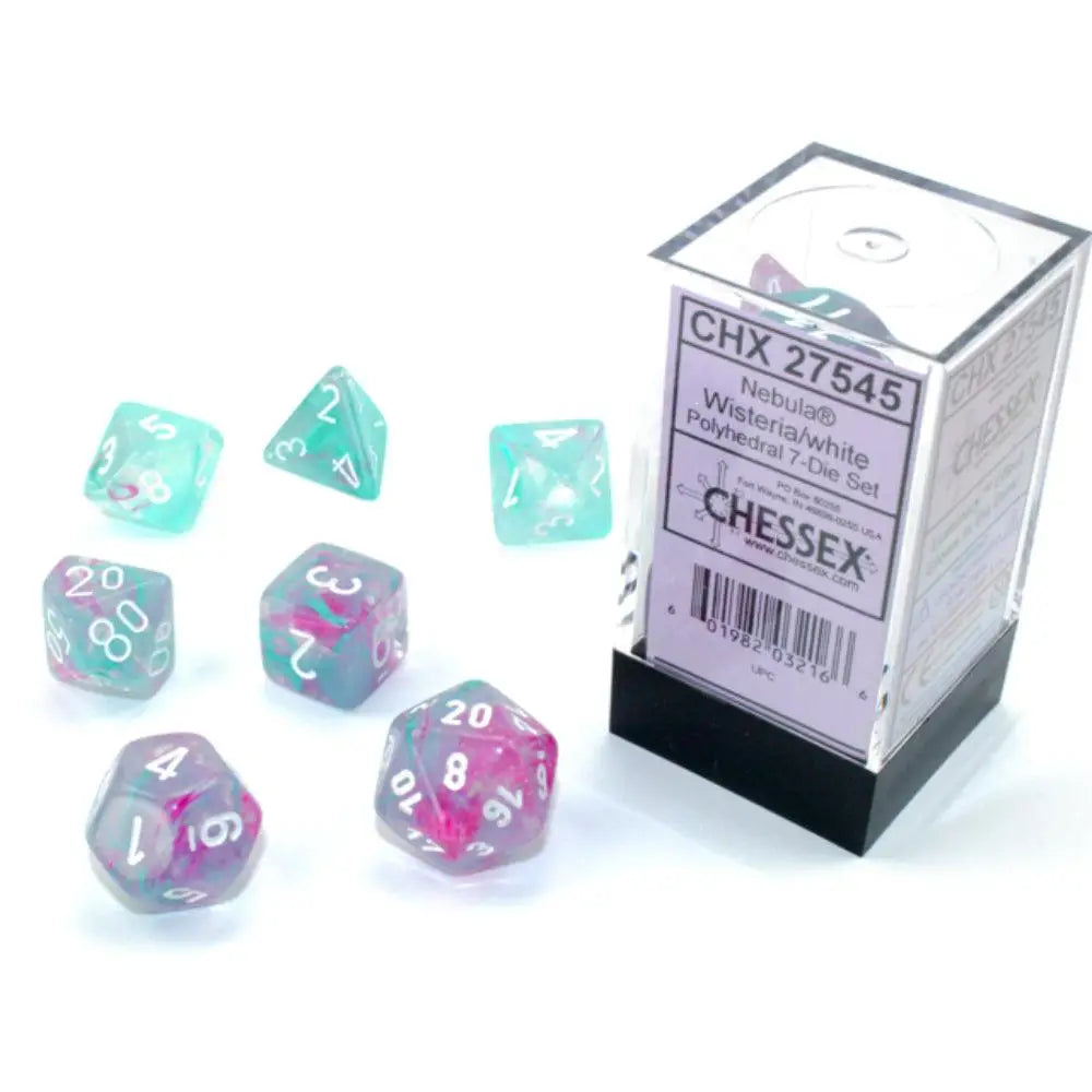 Chessex Nebula Luminary Wisteria w/White Dice & Dice Supplies Chessex Polyhedral (D&D) Dice Set (7)  