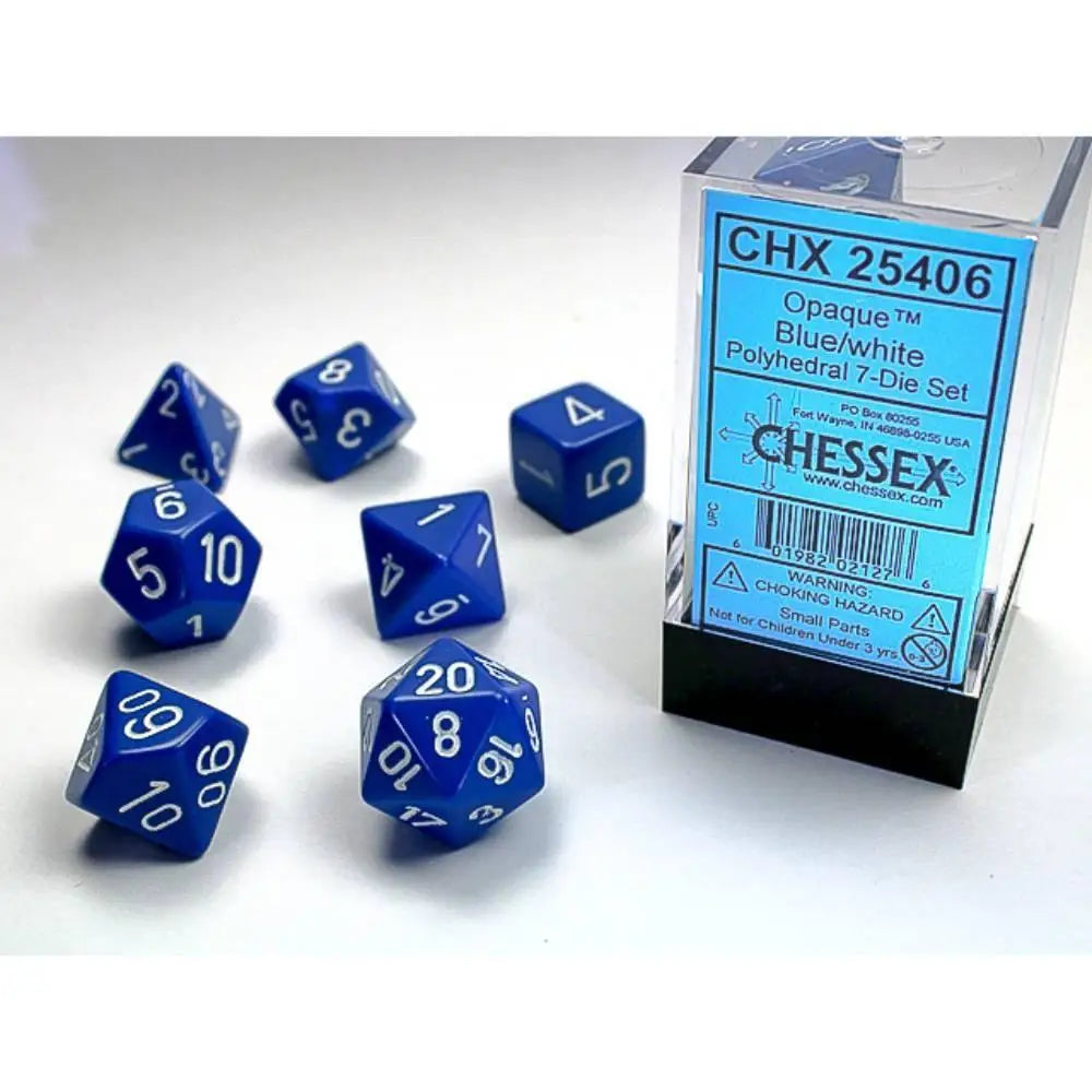 Chessex Opaque Blue w/White Dice & Dice Supplies Chessex Polyhedral (D&D) Dice Set (7)  