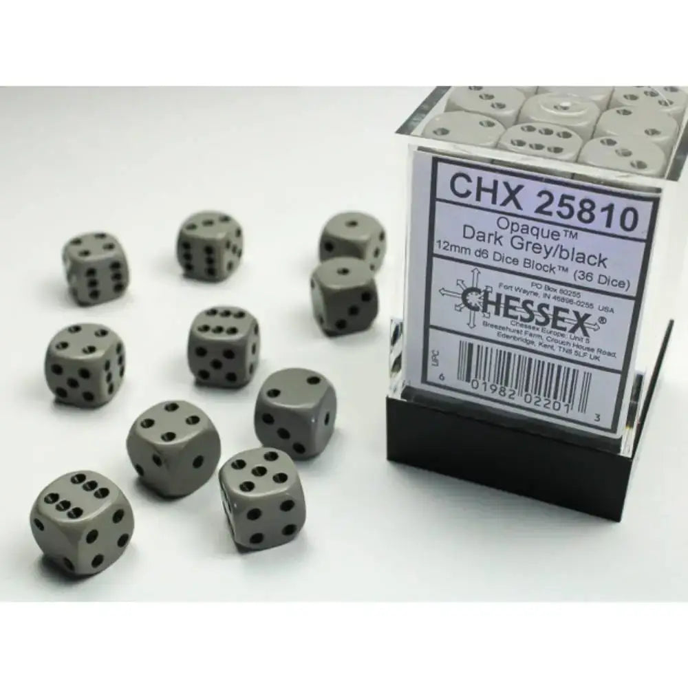 Chessex Opaque Dark Grey w/Black - 12mm d6 Dice Block (36) - Dice & Dice Supplies