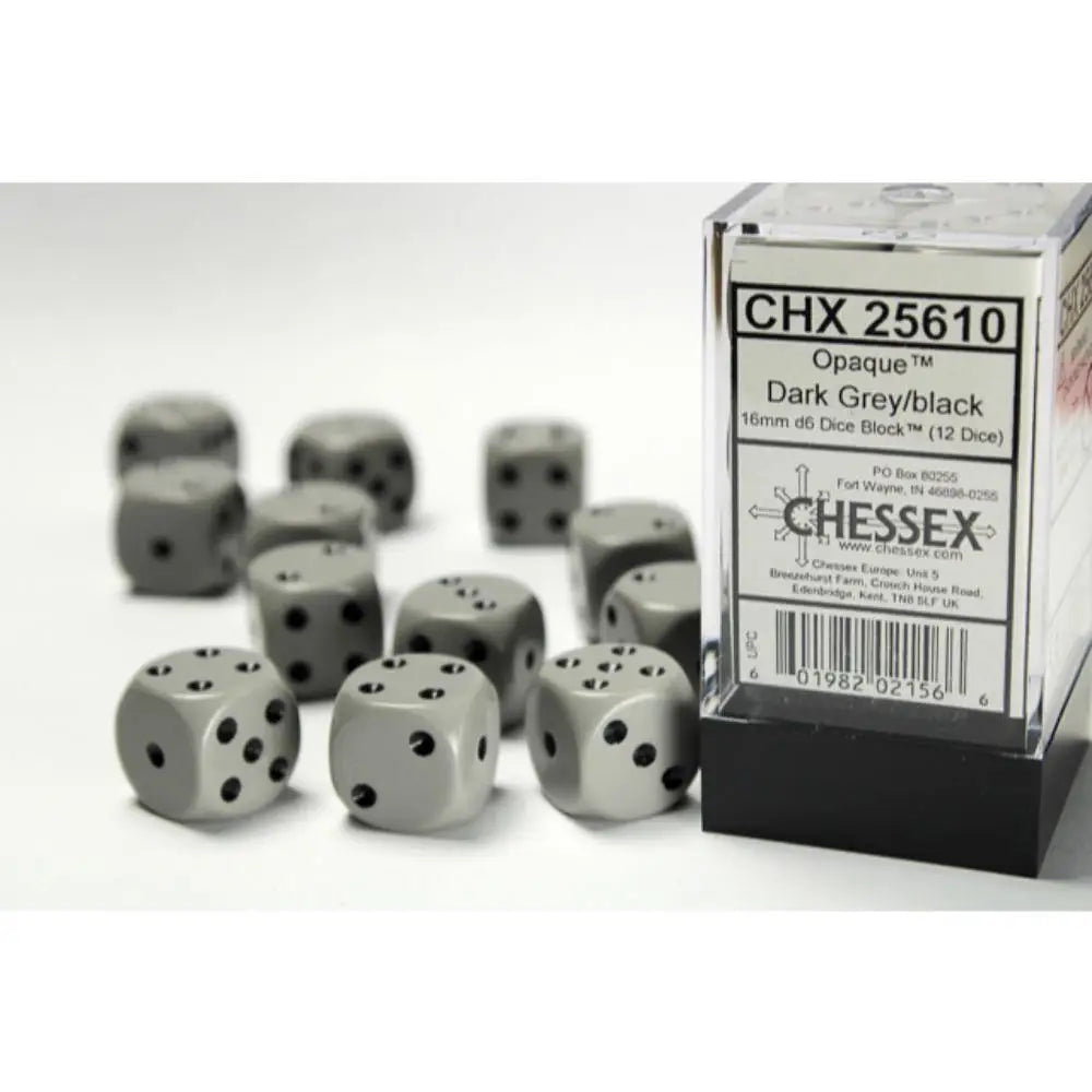 Chessex Opaque Dark Grey w/Black Dice & Dice Supplies Chessex 16mm d6 Dice Block (12)  
