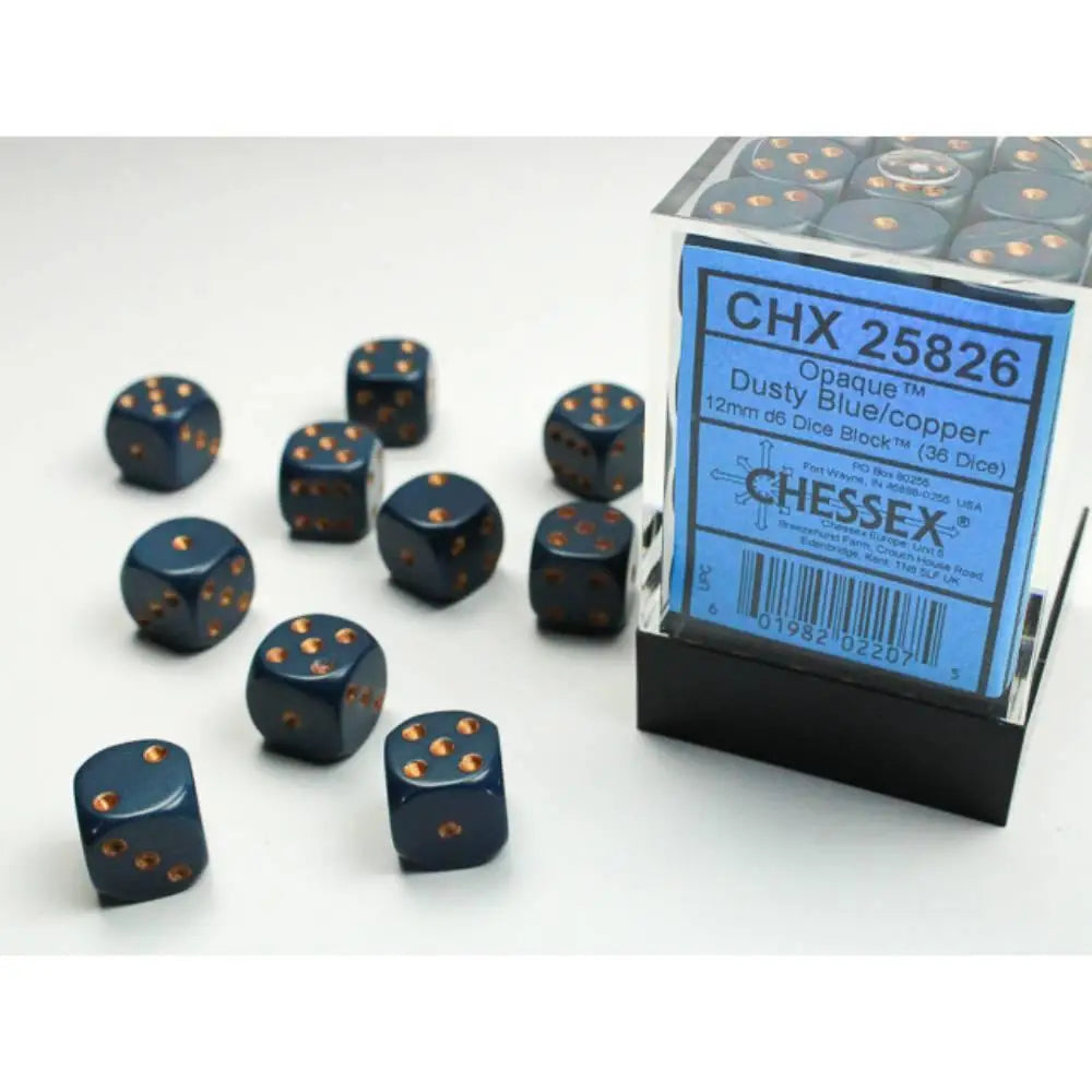 Chessex Opaque Dusty Blue w/Gold 12mm d6 Dice Block (36) Dice & Dice Supplies Chessex   