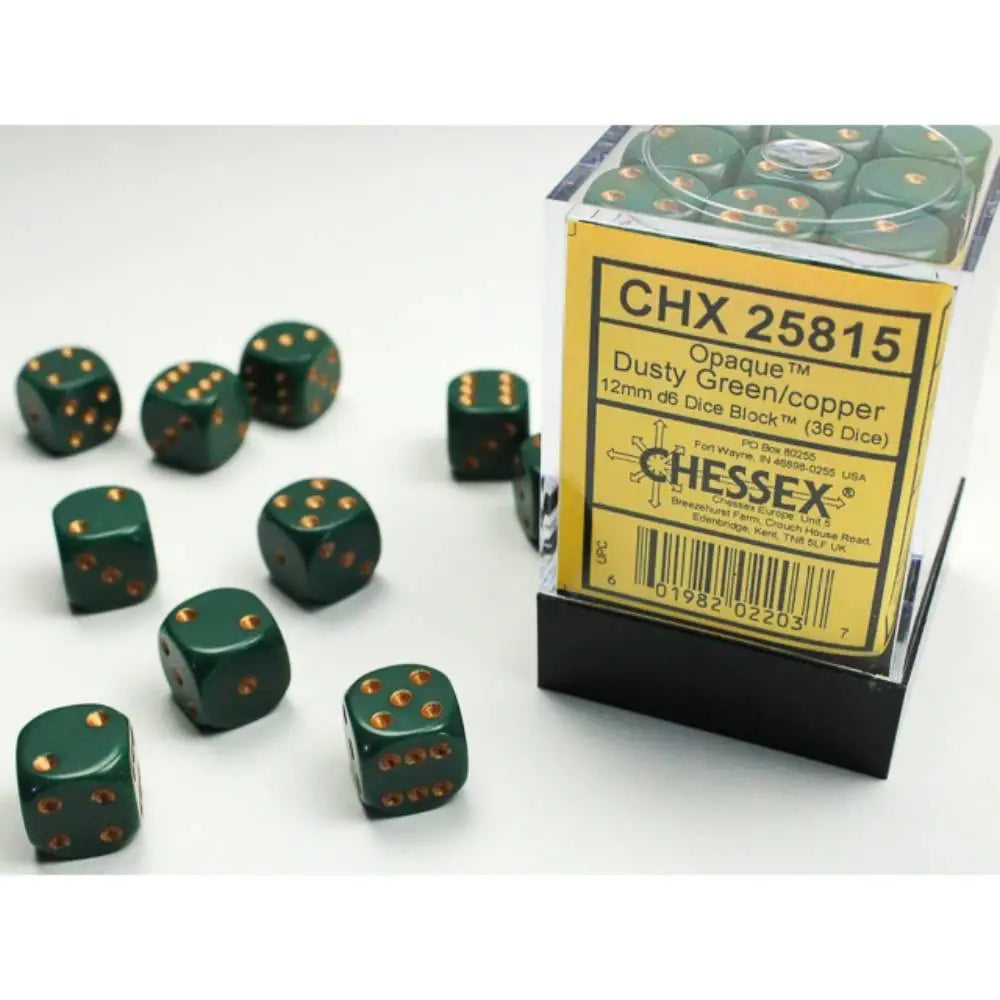 Chessex Opaque Dusty Green w/Gold 12mm d6 Dice Block (36) Dice & Dice Supplies Chessex   