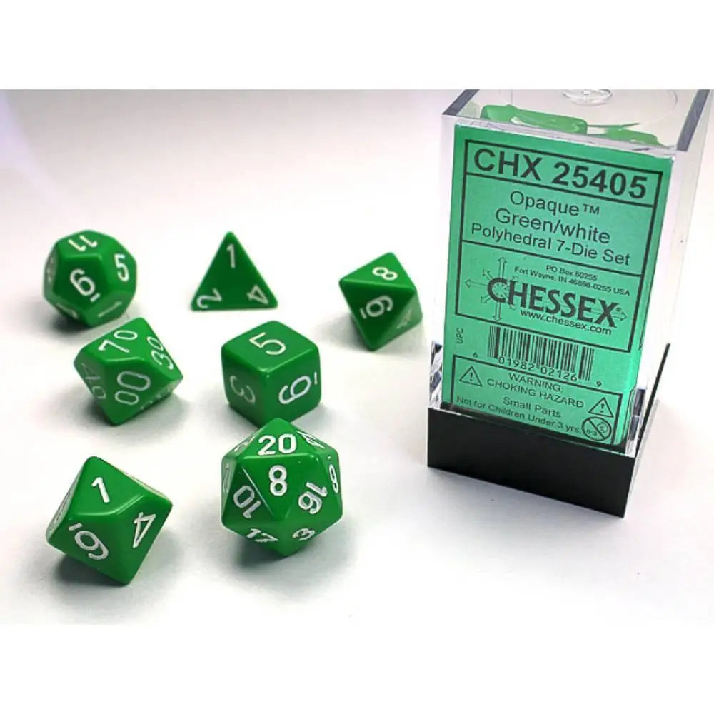 Chessex Opaque Green w/White Dice & Dice Supplies Chessex Polyhedral (D&D) Dice Set (7)  