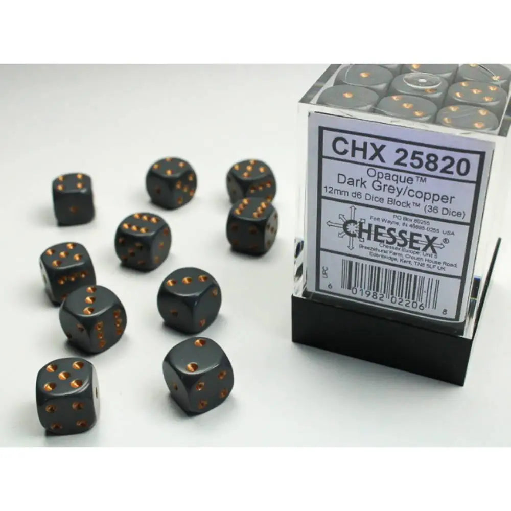 Chessex Opaque Grey w/Copper 12mm d6 Dice Block (36) Dice & Dice Supplies Chessex   