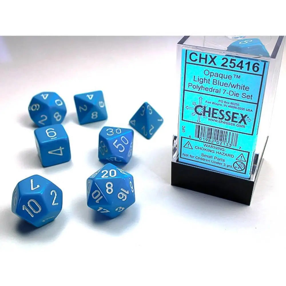 Chessex Opaque Light Blue w/White Dice & Dice Supplies Chessex Polyhedral (D&D) Dice Set (7)  